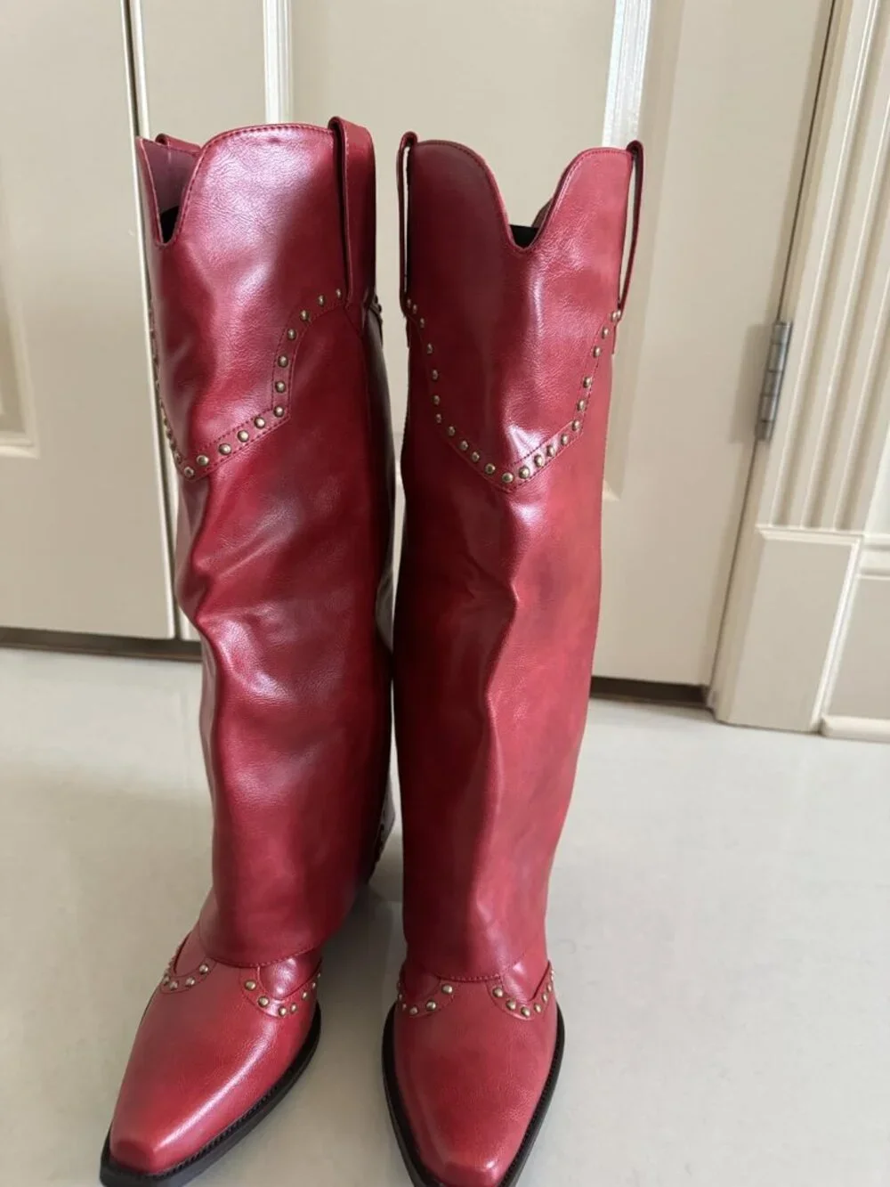 Women's Red Polyurethane (PU) Studded Fold Over Knee High Chunky Heel Boot